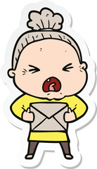 sticker of a cartoon angry old woman