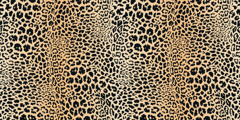 Realistic leopard print. Vector seamless pattern. Animal skin texture. Stylish background of jaguar, leopard, cheetah fur. Abstract exotic african style pattern. Trendy repetitive decorative design - obrazy, fototapety, plakaty