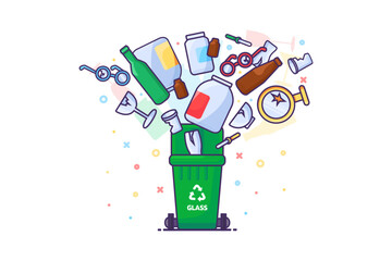 Bunch of old unwanted broken glass bottles fall into open trash can. Heap of crockery and broken items. Glass pollution problem. Simple cartoon outline vector isolated on white back