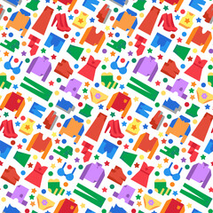 Shoes and clothes textile objects seamless pattern with cloth, fabric, shoe, trousers, fiber, jeans, sweater. Ornament for printing on fabric, cover and packaging. Vector isolated on white