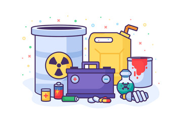 Pile of poisonous and radioactive substances. Heap of Toxic Explosive Materials. Hazardous waste pollution problem. Simple cartoon outline vector isolated on white background