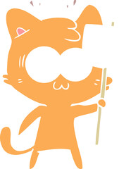 flat color style cartoon surprised cat waving sign