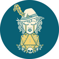crying elf bard character with natural one D20 roll illustration