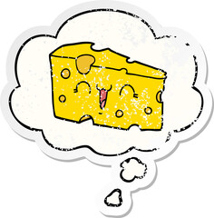 cartoon cheese and thought bubble as a distressed worn sticker