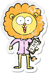 distressed sticker of a happy cartoon lion