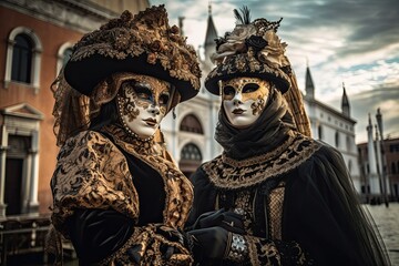 Experience the Venetian Mystique: Carnival Masked Couple in Traditional Costume with Venice Cityscape. Generative AI