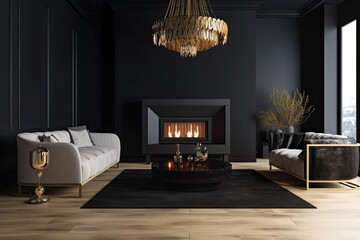 Luxurious and Comfortable Modern Living Room with Black Walls and Fireplace, Perfect for Any Apartment Interior. Generative AI