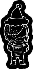 cartoon icon of a cool hipster girl in space suit wearing santa hat