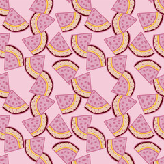 Hand drawn watermelon slices seamless pattern. Funny fruit backdrop.
