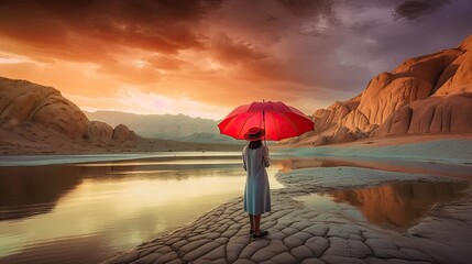 Umbrella in the Desert of Nature's Beauty: A Captivating Sunrise Over Sand and Rock: Generative AI