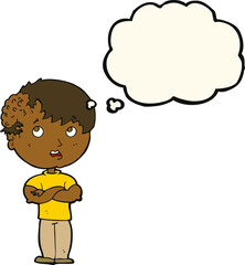 cartoon boy with growth on head with thought bubble