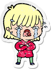 distressed sticker of a cartoon girl crying