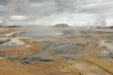 Beautiful view of the Hot springs in Hverir, Iceland
