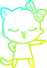cold gradient line drawing cartoon cat with bow on head