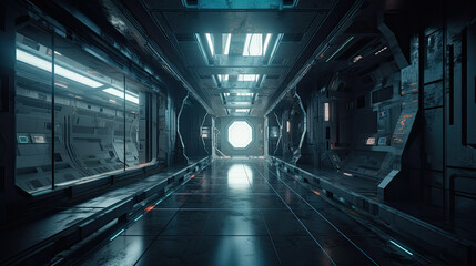Sci-Fi metallic corridor background illuminated  3d render spaceship shuttle