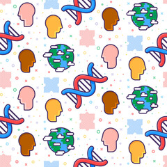 Fototapeta premium Medical seamless pattern with DNA molecule and profile of person face. Design of printed products for medical institution. Ornament for printing on fabric and paper cover. Vector isolated on white