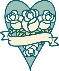 tattoo style icon of a heart and banner with flowers