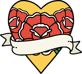 traditional tattoo of a heart and banner with flowers