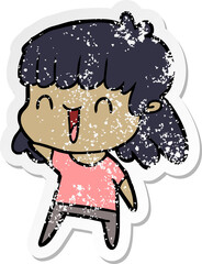 distressed sticker of a cartoon happy girl