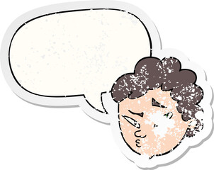 cartoon suspicious man and speech bubble distressed sticker