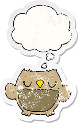 cartoon owl and thought bubble as a distressed worn sticker