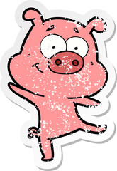 distressed sticker of a happy cartoon pig dancing