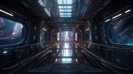 Sci-Fi metallic corridor background illuminated  3d render spaceship shuttle