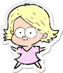 distressed sticker of a happy cartoon girl
