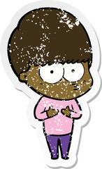 distressed sticker of a nervous cartoon boy