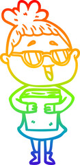 rainbow gradient line drawing cartoon happy woman wearing spectacles