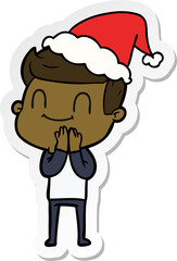 sticker cartoon of a friendly man wearing santa hat