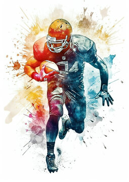 Watercolor abstract representation of American football. American football player in action during colorful paint splash, isolated on white background. AI generated illustration.