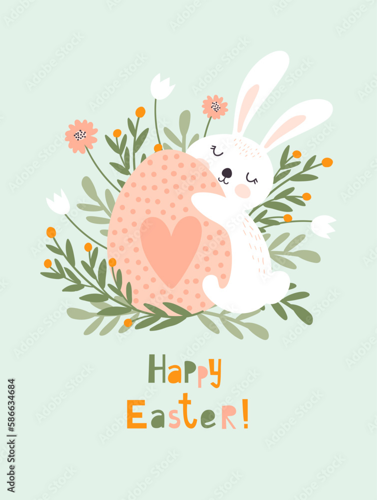 Wall mural happy easter card with cute rabbit. vector illustrations