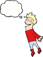 cartoon drenched man flying with thought bubble