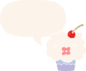 funny cartoon cupcake and speech bubble in retro style