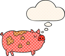 cartoon pig and thought bubble in comic book style