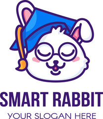 Logo of cute smart rabbit with glasses and graduate cap. Symbol emblem for design decoration, brand name of children private school or kindergarten. Vector in thick stroke isolated on white back