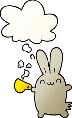 cute cartoon rabbit drinking coffee and thought bubble in smooth gradient style
