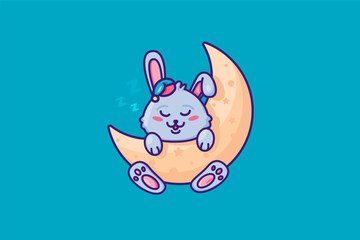 Little cute rabbit in sleep cap sleeps sweetly in crescent moon bed. Peaceful rest of baby. Vector cartoon illustration in thick stroke isolated on blue night background
