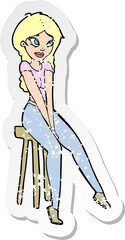 retro distressed sticker of a cartoon pretty girl on stool
