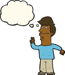 cartoon man giving peace sign with thought bubble