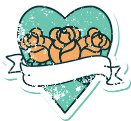 distressed sticker tattoo style icon of a heart and banner with flowers