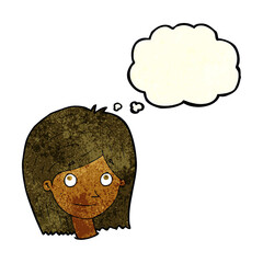 cartoon happy female face with thought bubble