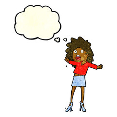 cartoon woman having trouble walking in heels with thought bubble