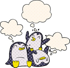 cartoon penguins and thought bubble in comic book style