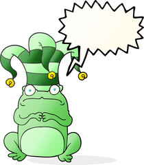 speech bubble cartoon nervous frog wearing jester hat