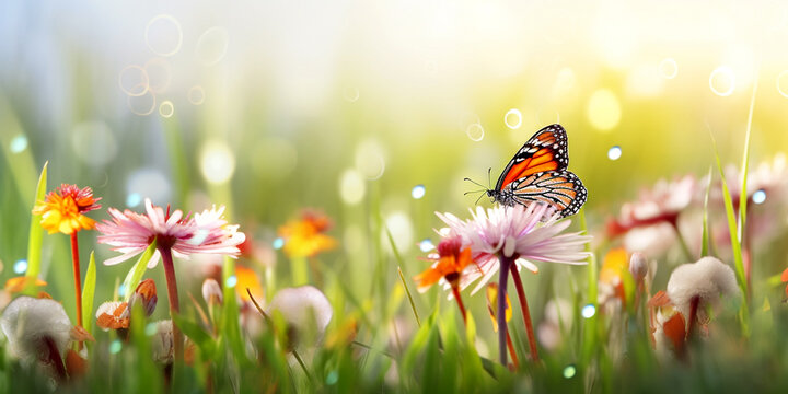 Sommerwiese mit Blumen und Schmetterling, generative AI
