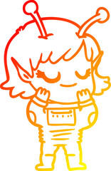 warm gradient line drawing smiling alien girl cartoon