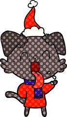 comic book style illustration of a panting dog wearing santa hat