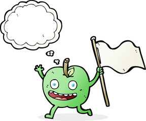cartoon apple with flag with thought bubble